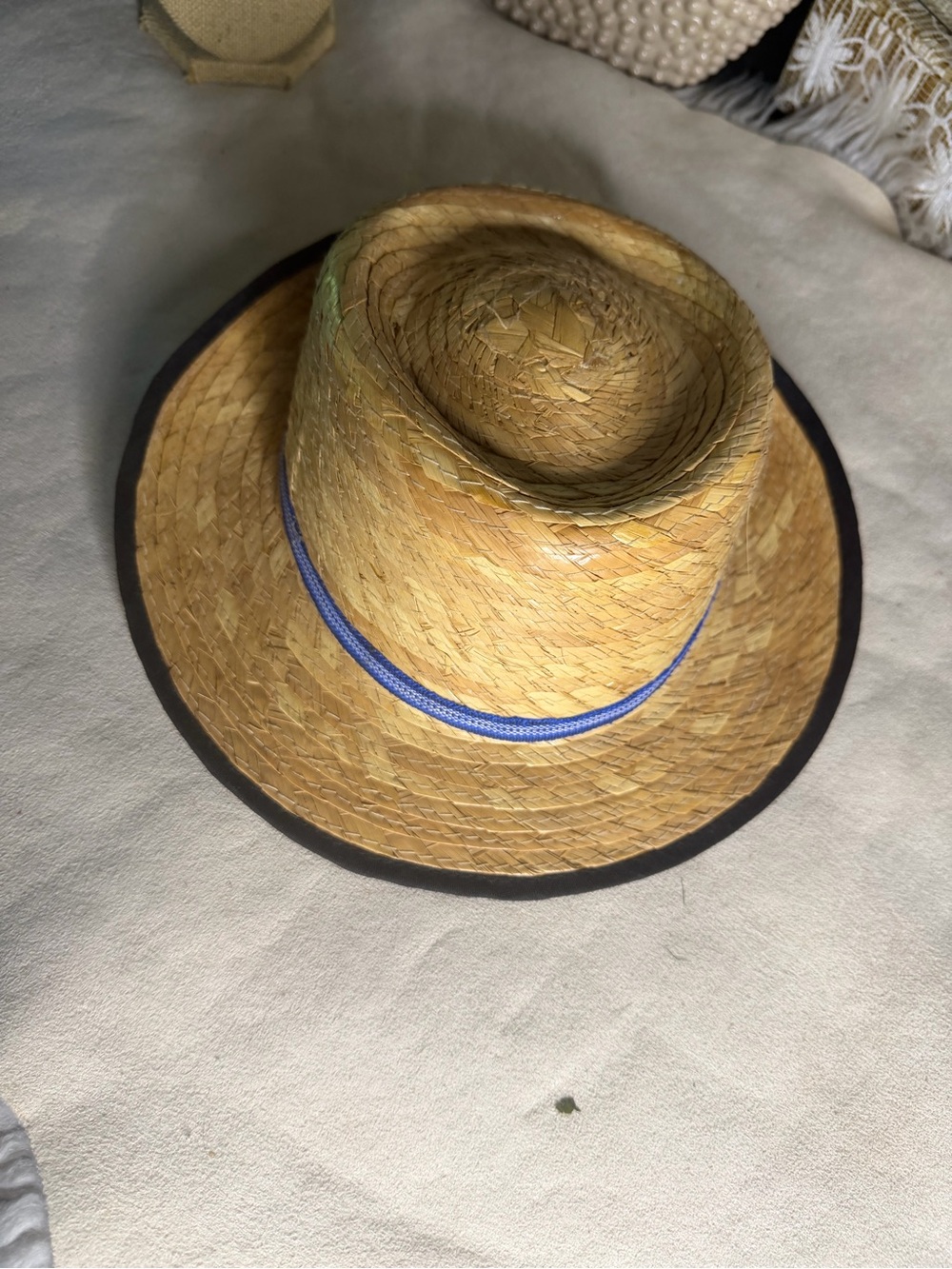 Straw Panama-Style Hat with Blue Trim